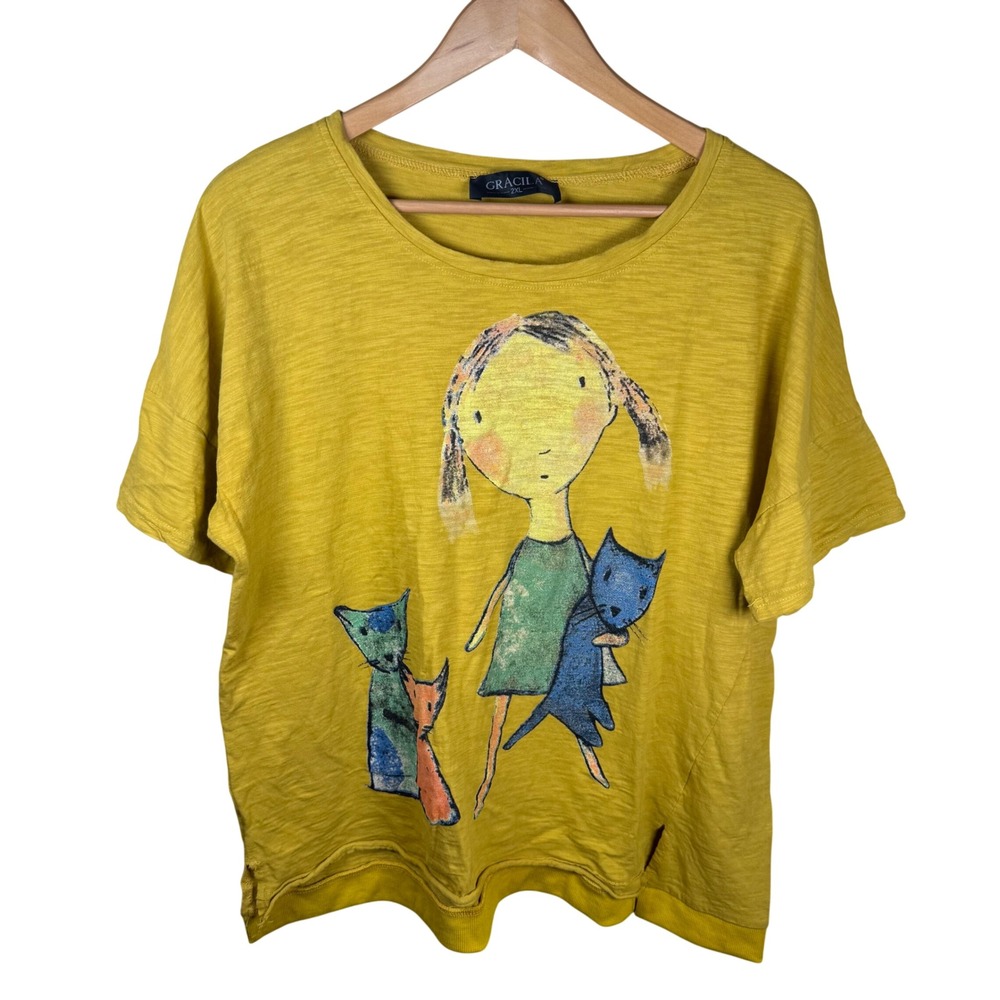 Gracila Graphic Tee‎ Womens 2XL Yellow Cat Art Print Slub Whimsical Lagenlook